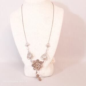 Floral Cannetille Filagree Aged Silver Tone Y Pendant  Necklace